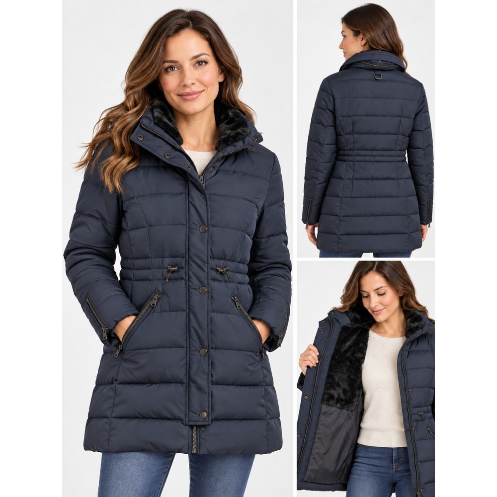Zara Down Fill Jacket Womens Small Navy Blue Quilted Faux Fur Collar Puffer Coat